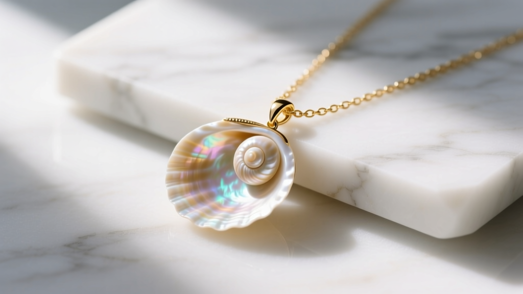 Venus shell pendant on a gold vermeil chain resting on white marble, lit by soft morning light to reveal the natural shell textures
