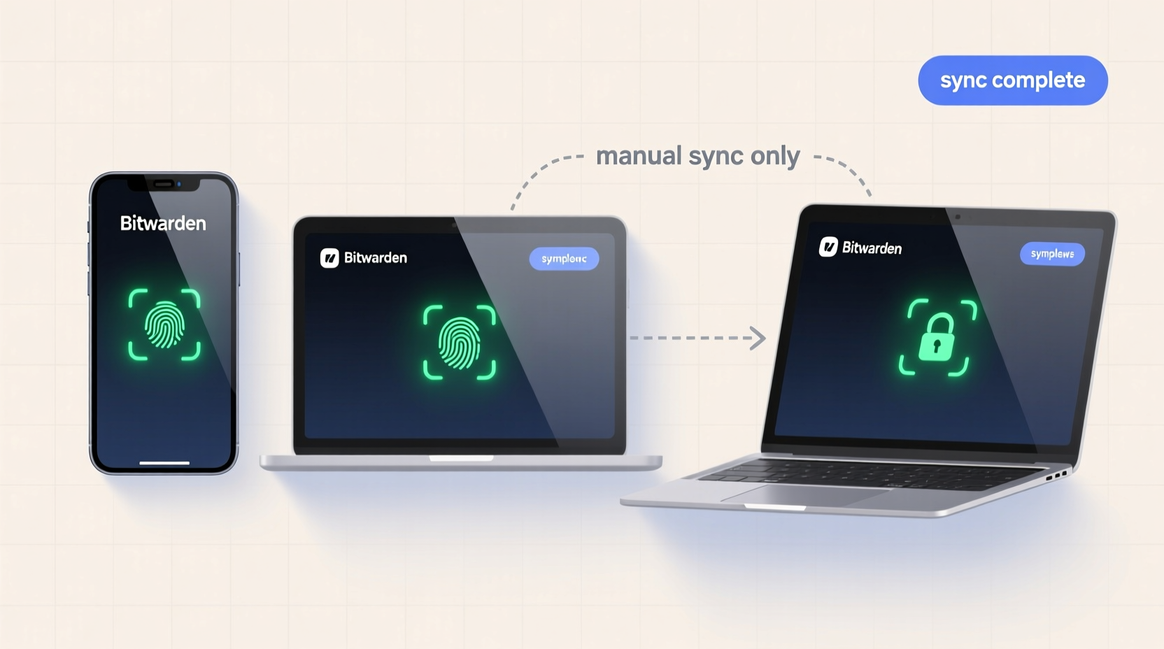 Side-by-side diagram showing three devices—iPhone, MacBook, and Windows laptop—each displaying the Bitwarden app with biometric unlock icons active and a subtle 'sync complete' badge. Arrows between devices are dashed, labeled 'manual sync only', emphasizing intentional, non-continuous data flow.
