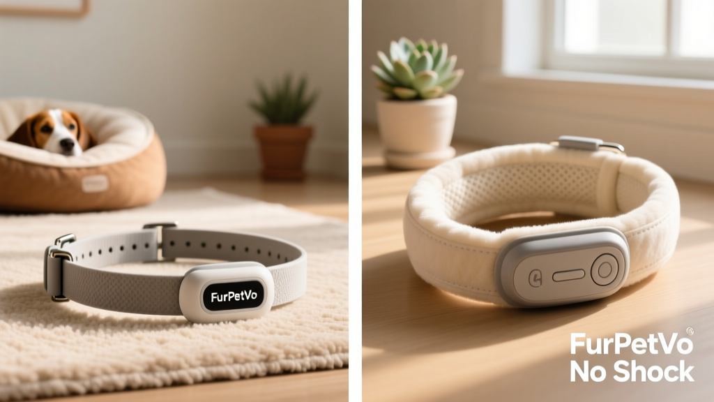 Side-by-side close-up of the FurPetVo No Shock collar showing its slim profile, soft padding, and intuitive control button