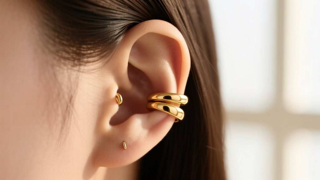 Side profile showing a seamless 14k gold bangle ear cuff wrapping snugly around the upper helix cartilage piercing.