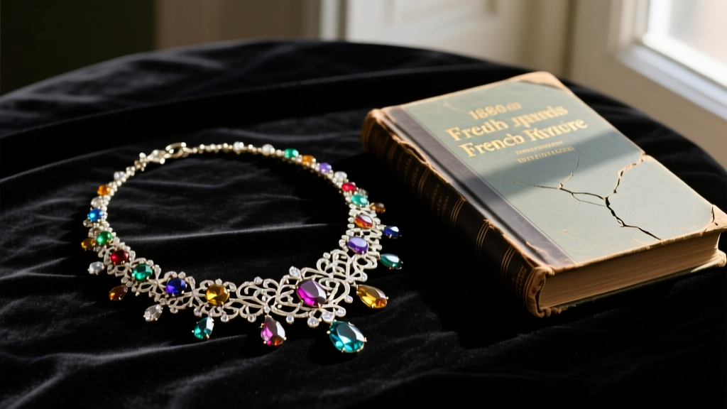 A dramatic flat lay of an 1880s lead glass paste rivière necklace resting on dark velvet beside a vintage French novel