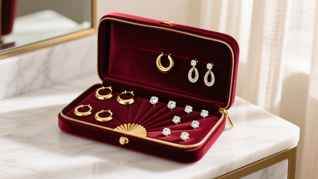 Open velvet earring bag on a marble vanity, displaying organized gold hoops and diamond studs under soft, warm morning light.