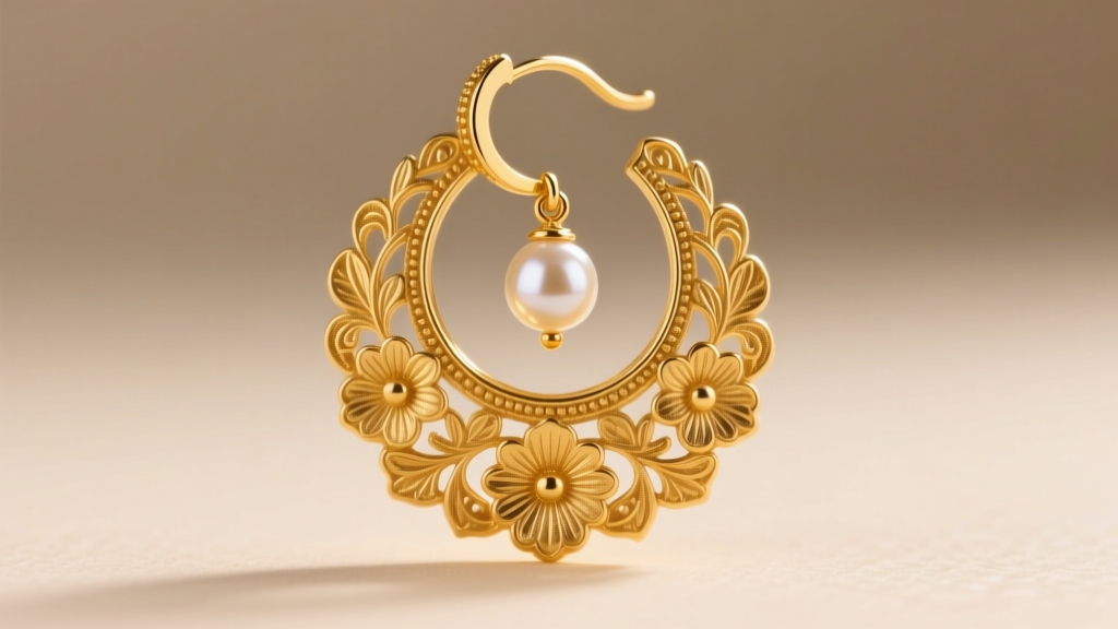 Close-up of a 22-karat gold jhumka earring with floral repoussé work and a pearl drop against a soft studio backdrop