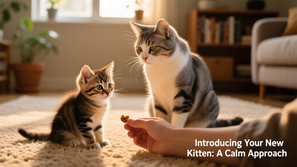 A gentle, supervised meeting: kitten and older cat sitting calmly a few feet apart on a carpeted floor, with a human hand visible nearby offering a treat