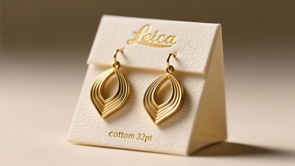 Macro shot of thick 32pt cotton paper earring packaging with deep letterpress foil stamping, highlighting textured grain.