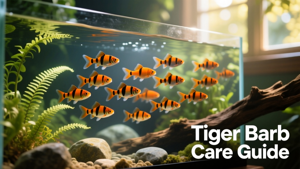 A vibrant school of tiger barbs swimming together in a well-planted aquarium