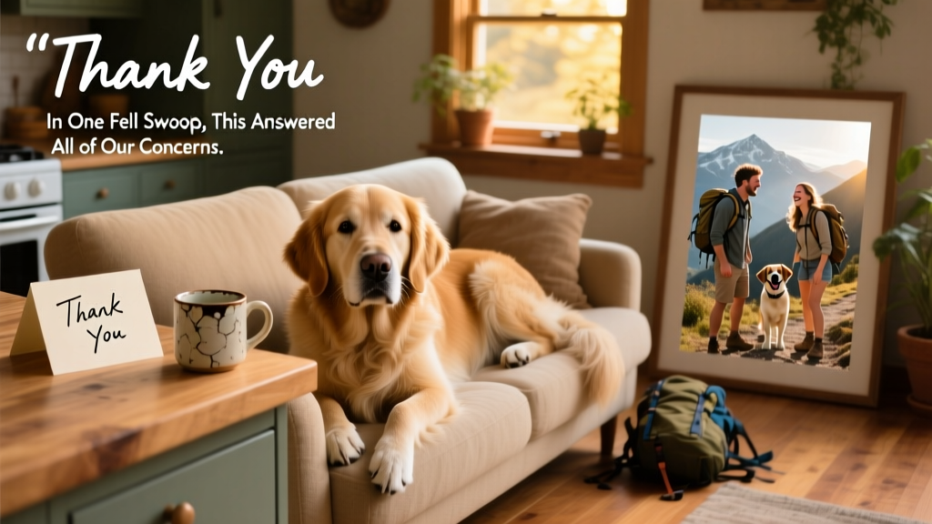 A collage showing Hero resting on the sofa, a handwritten 'Thank You' note from the sitter on the kitchen counter, and a photo of John, Tatiana, and Hero smiling together post-trip