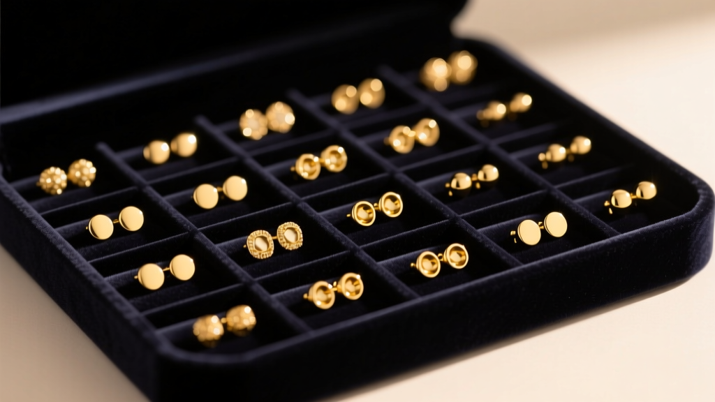 Dark velvet earring tray organizer with 20-gauge gold stud earrings arranged in a precise grid under soft, warm studio lighting.