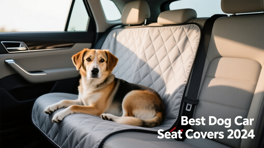 A calm, medium-sized dog resting comfortably on a well-fitted car seat cover in the back seat of an SUV