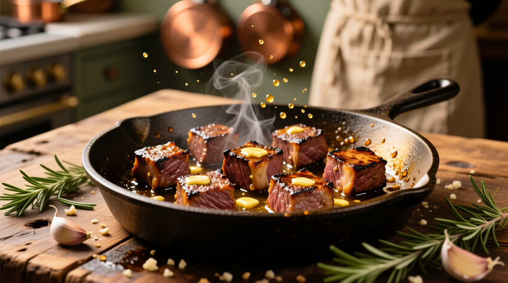Sizzling steak bites in cast iron skillet with garlic butter