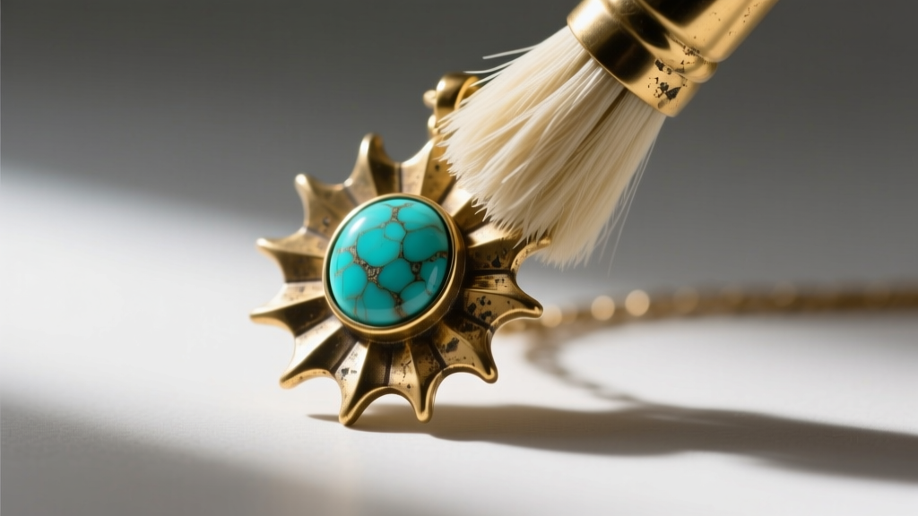 Soft-bristled brush gently scrubbing a tarnished brass sunburst pendant, carefully avoiding the central porous turquoise cabochon.