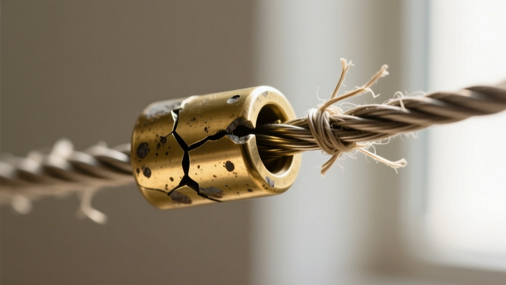 Close-up of a tarnished brass crimp bead and frayed nylon wire showing common failure points in DIY beaded jewelry construction.