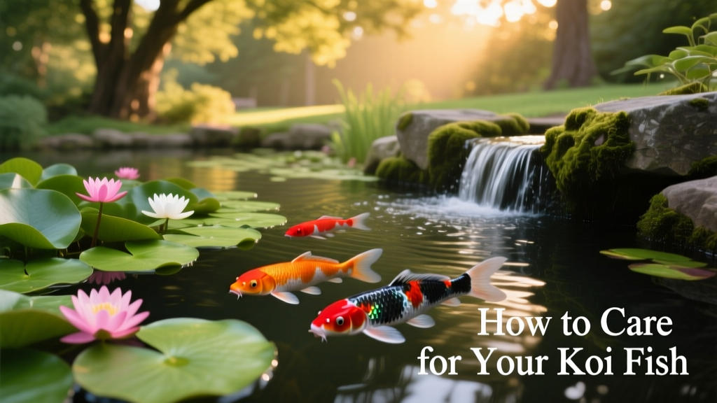 A serene backyard pond filled with vibrant koi swimming near lily pads and a gentle waterfall