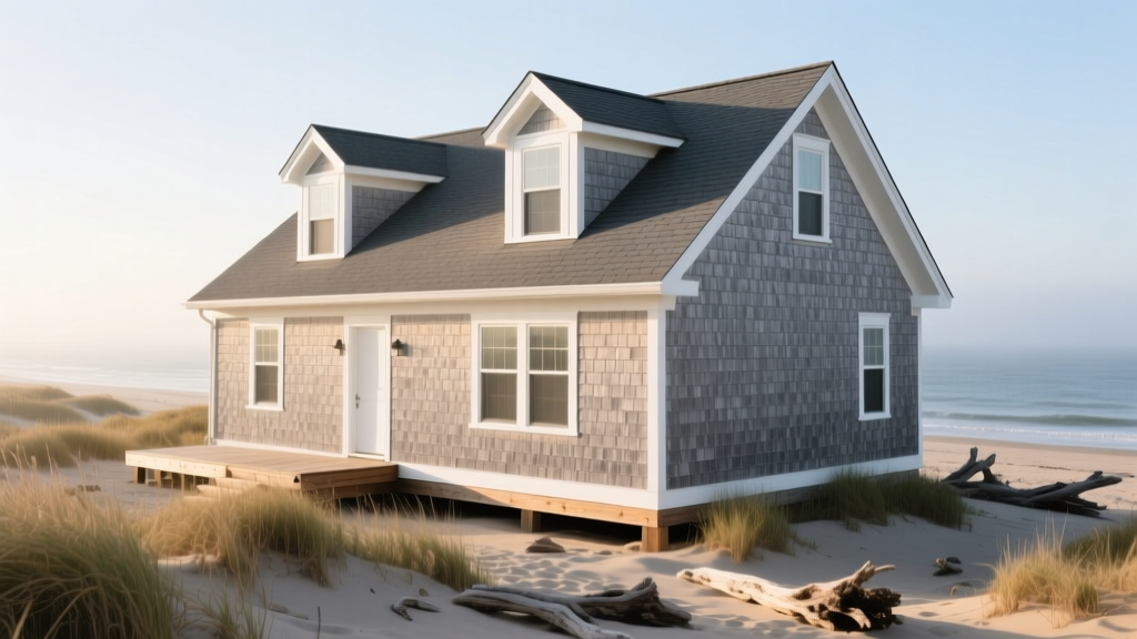 Fiber cement shingle siding in weathered gray on a classic Cape Cod home with white trim and dormers near a coastal beach.