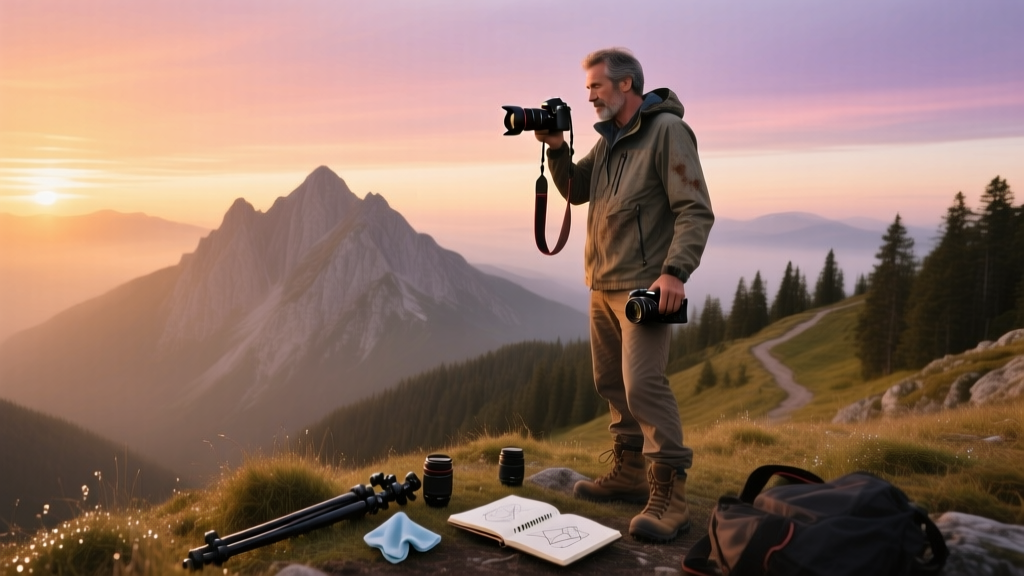 A man taking photos on a mountain with two large cameras at sunrise