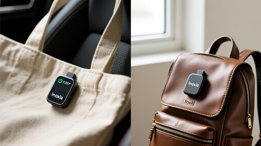 Side-by-side macro comparison of the Invoxia Cellular GPS Tracker and Tracki Mini mounted inside a canvas tote bag and leather backpack lining