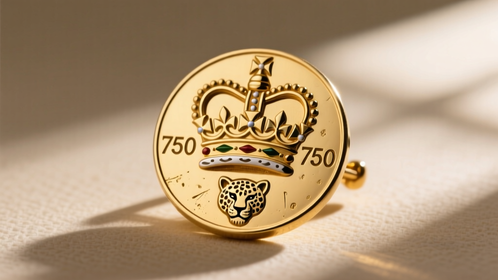 Macro photo of an antique British gold hallmark featuring a crown, the number 750, and a leopard head assay mark on a brooch