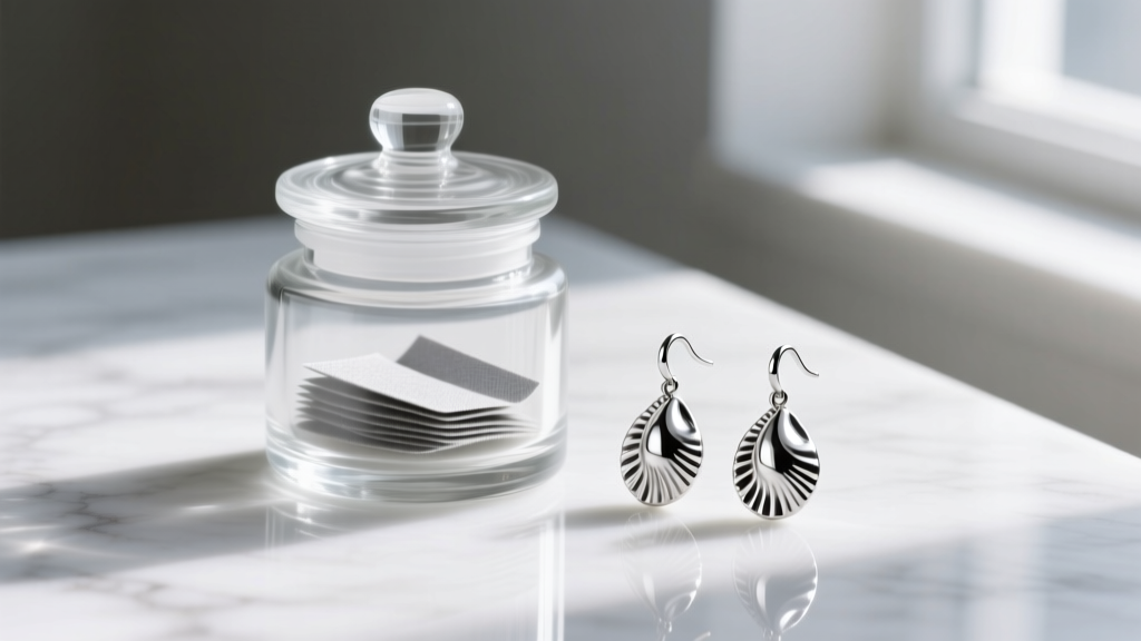 Glass jar with anti-tarnish strips and polished silver cowrie shell dangle earrings resting on a bright white marble surface