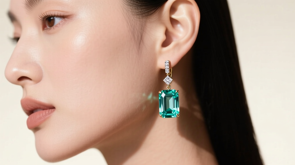 Close-up of 18k white gold emerald cut aquamarine drop earrings on a model, soft lighting highlighting step-cut facets.