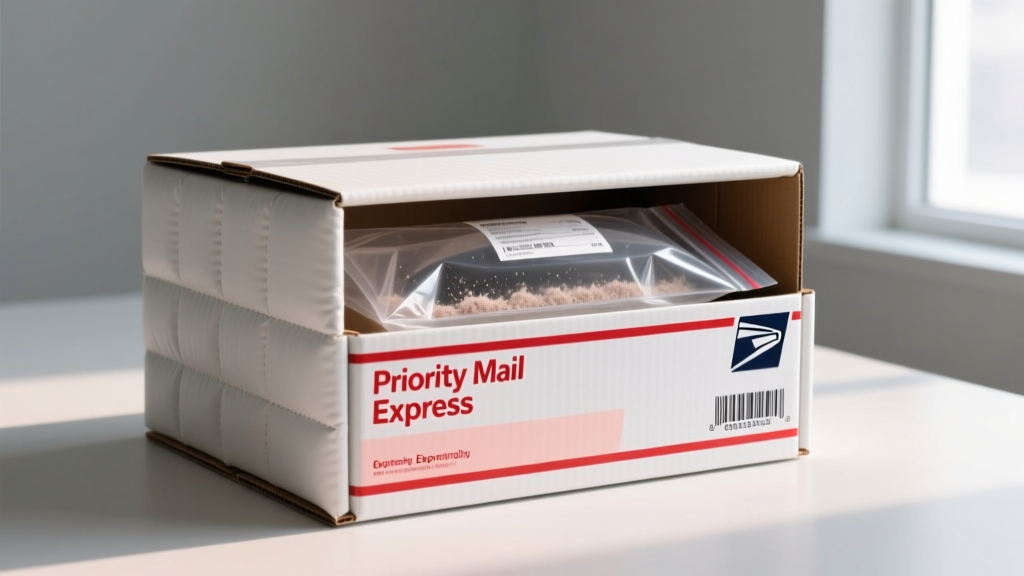 Secure shipping kit for cremains showing a sealed inner plastic bag, padded outer box, and priority mail express shipping labels