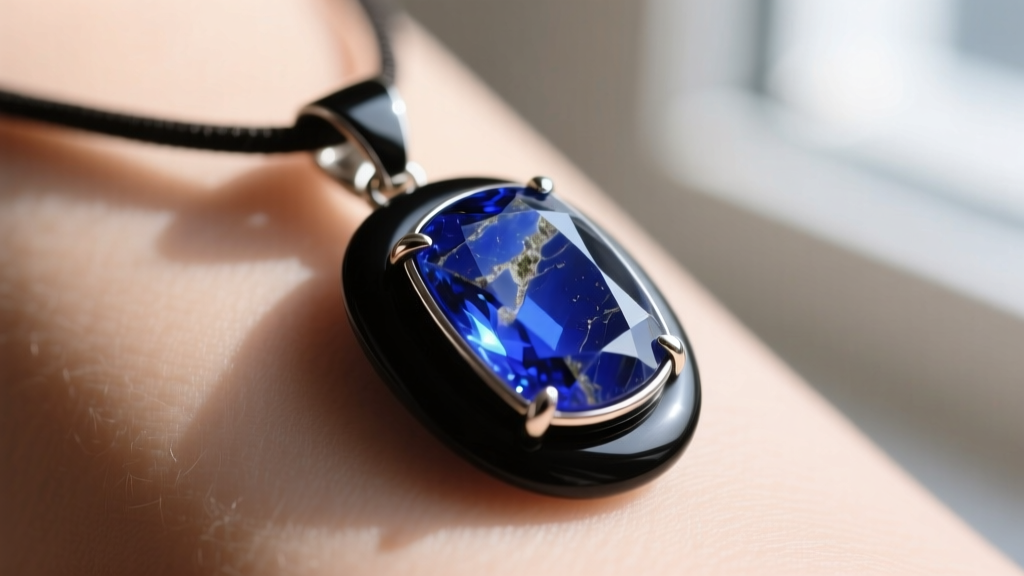 Close-up of structural lapis lazuli pendant in matte black rhodium, showing raw deep blue gemstone on pale skin tone.
