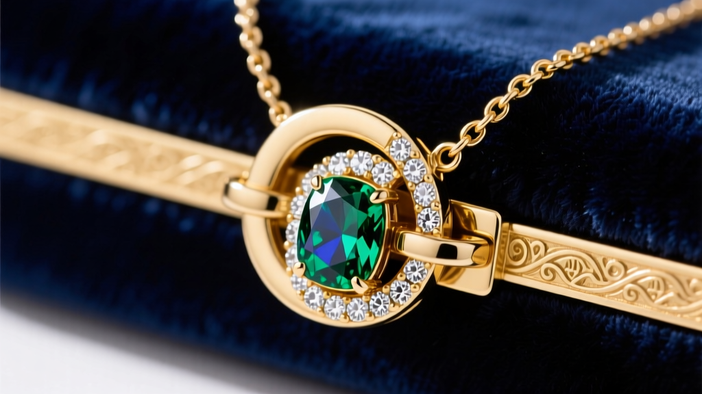 Detailed view of a reinforced 14k gold box clasp with a figure-eight safety catch securing a heavy gemstone necklace on velvet.