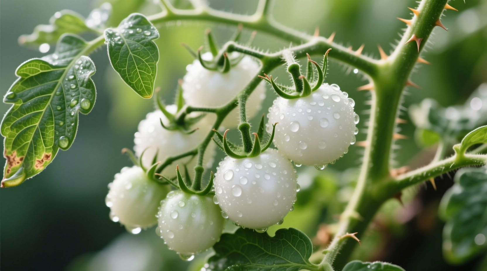 White cherry tomatoes on vine with green leaves