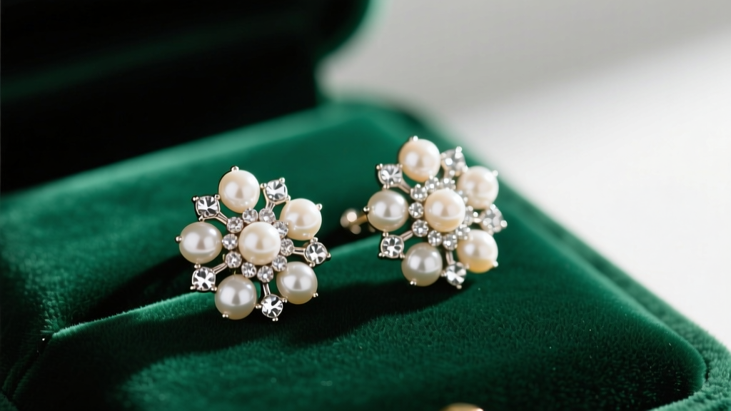Close-up of vintage Marvella clip on earrings with faux pearls and rhinestones resting on dark emerald velvet.