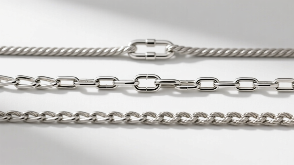 Three sterling silver chains laid flat: a cable chain, a box chain, and a rope chain, showing link thickness and gauge sizes