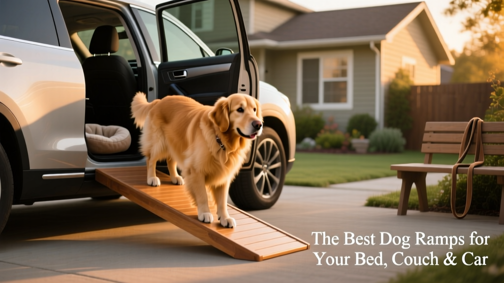 Golden Retriever calmly ascending a ramp toward an open car door