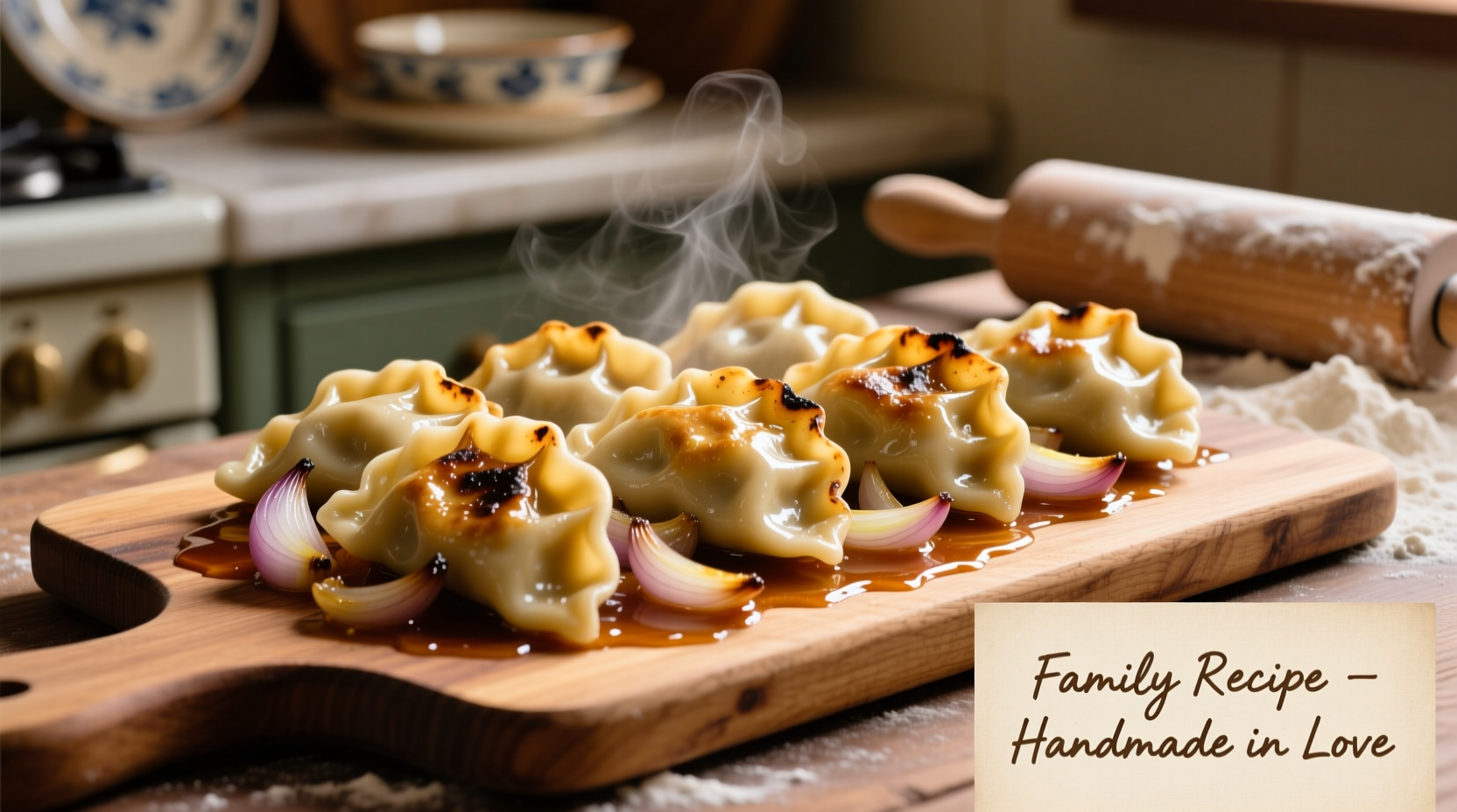 Homemade potato pierogi on wooden board with onions