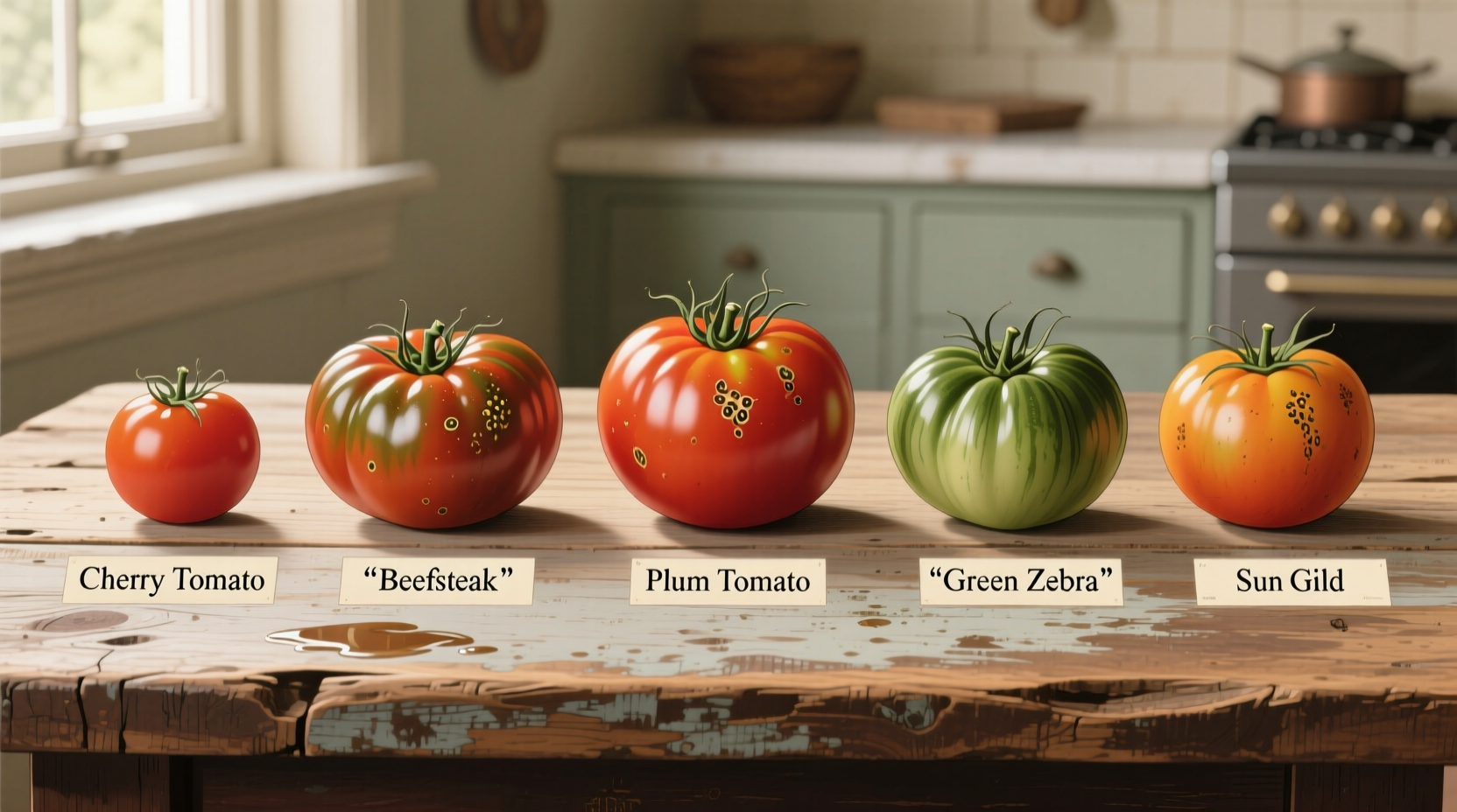 Comparison of common tomato varieties on wooden table