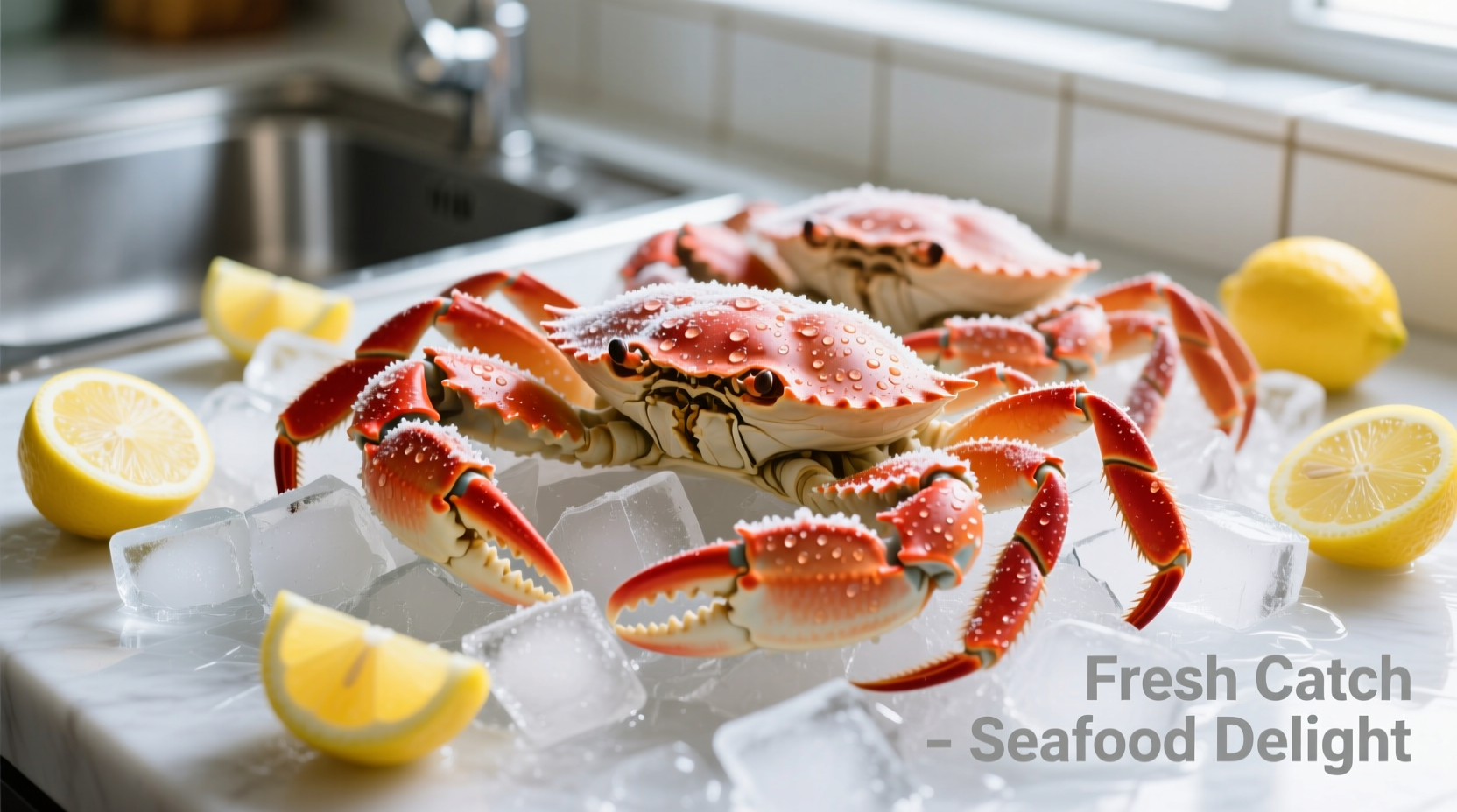 Fresh stone crab claws on ice with lemon wedges