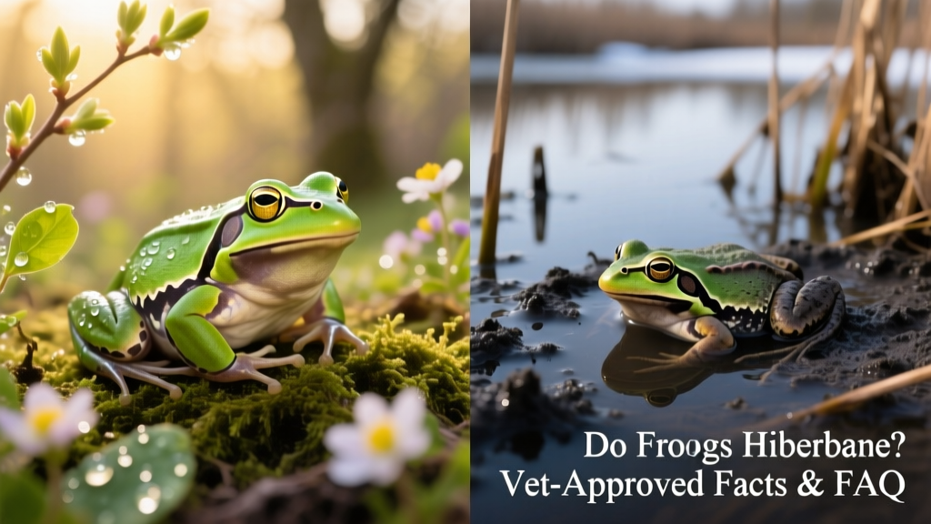 Side-by-side comparison showing a frog above ground in spring versus partially buried in mud at pond bottom in winter