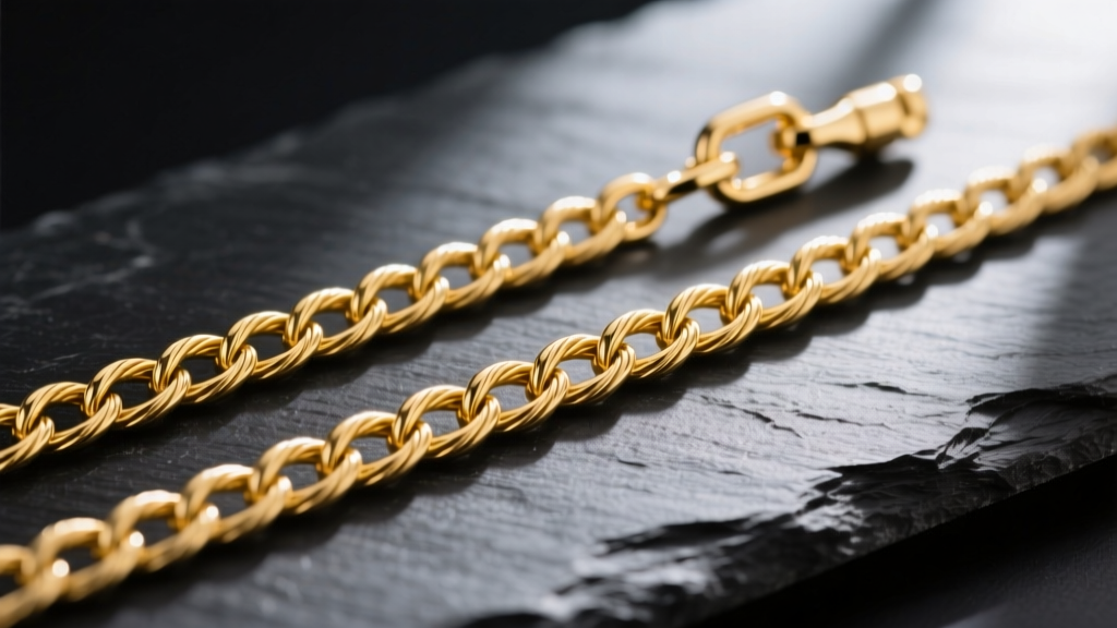 Macro photo comparing a 16-inch and 18-inch 14k gold cable chain on dark slate, highlighting link thickness and clasp details