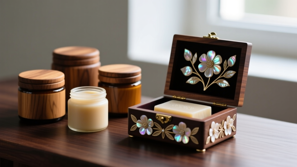 Jars of wood wax and mild soap next to an open floral jewelry box showing mother-of-pearl inlay flowers on a dark oak surface.