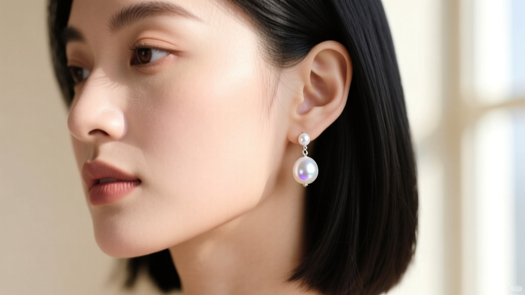 Delicate 4mm white Akoya tiny pearl drop earrings on a model's earlobe, soft natural window lighting, elegant mood
