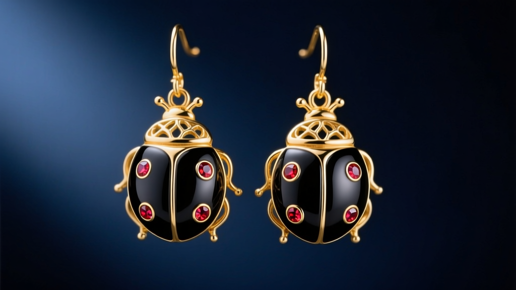 Close-up of ladybug miraculous earrings crafted in 18k gold with black vitreous enamel and inlaid carnelian spots on dark velvet