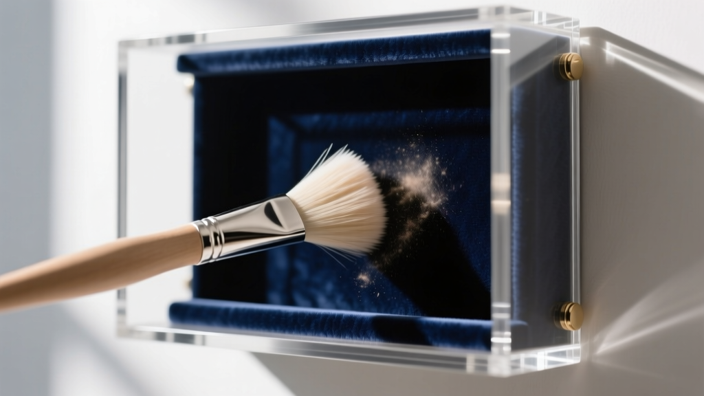 Macro shot of a soft microfiber brush gently dusting dark navy velvet lining inside a clear acrylic wall-mounted jewelry cabinet.