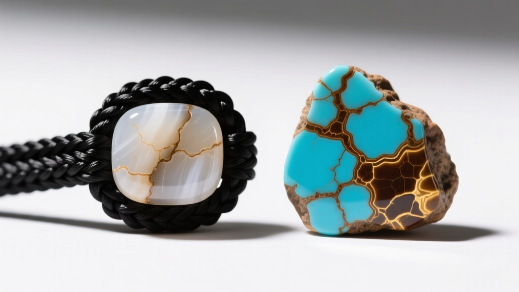 Macro view comparing the artificial black webbing of dyed howlite against the natural brown matrix of genuine Kingman turquoise
