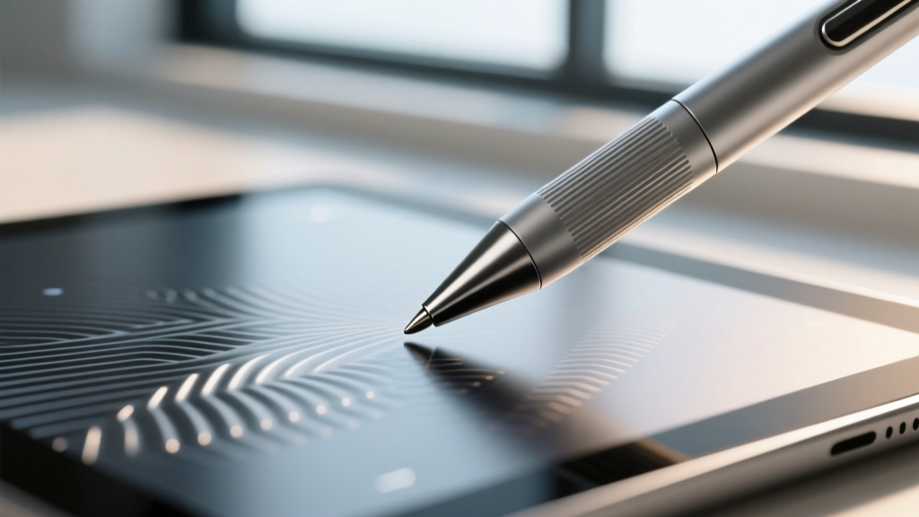Close-up macro shot of an advanced stylus tip interacting with a textured matte display, highlighting the micro-friction tech.