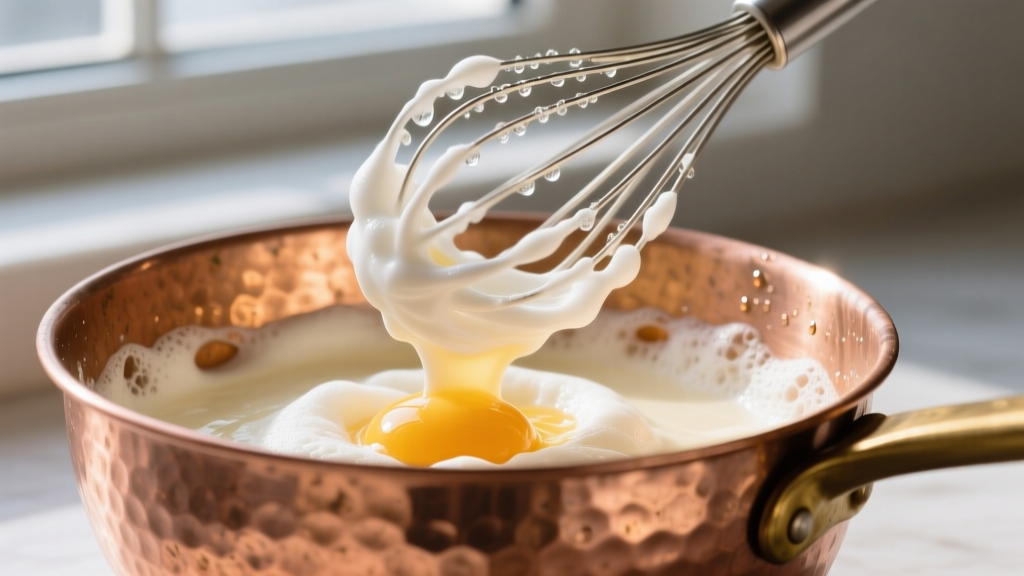 Wire whisk whipping egg whites in a hammered copper mixing bowl, showing stiff peaks forming for a traditional Italian tiramisu recipe