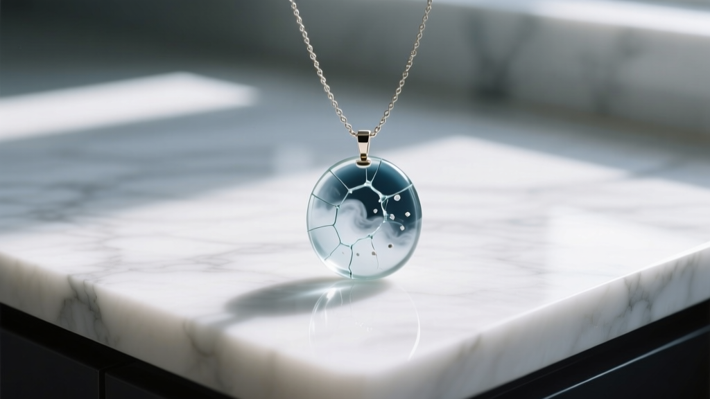 Damaged mood necklace showing a cloudy, waterlogged appearance inside the glass cabochon, resting on a white marble countertop