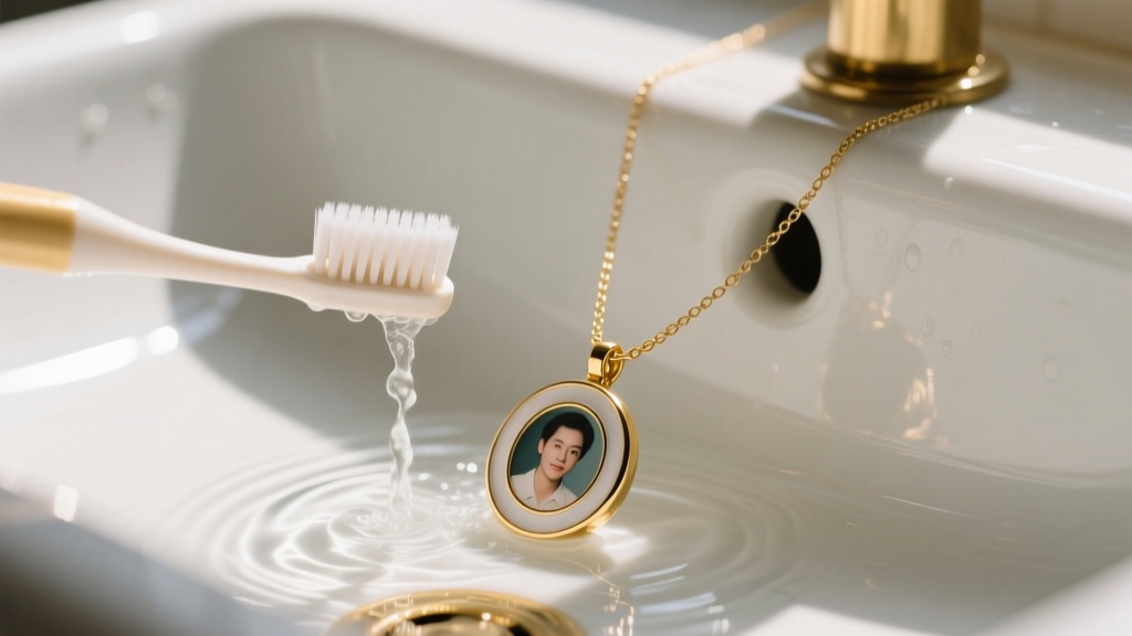Soft toothbrush cleaning a gold-plated photo enamel custom necklace with picture under warm water in a white ceramic sink