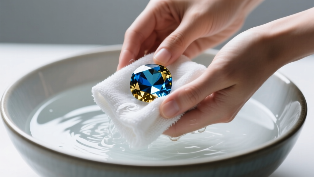 Hands washing a mystic topaz gemstone in a bowl of lukewarm soapy water with a soft microfiber cloth under bright studio lighting.