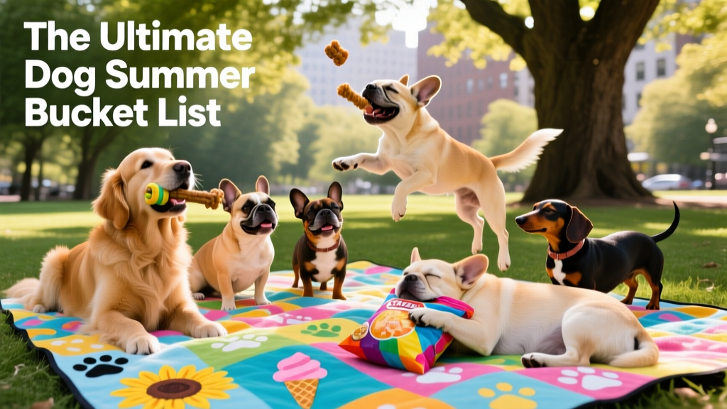 A cheerful group of dogs playing and snacking on a colorful blanket at a shaded park picnic spot