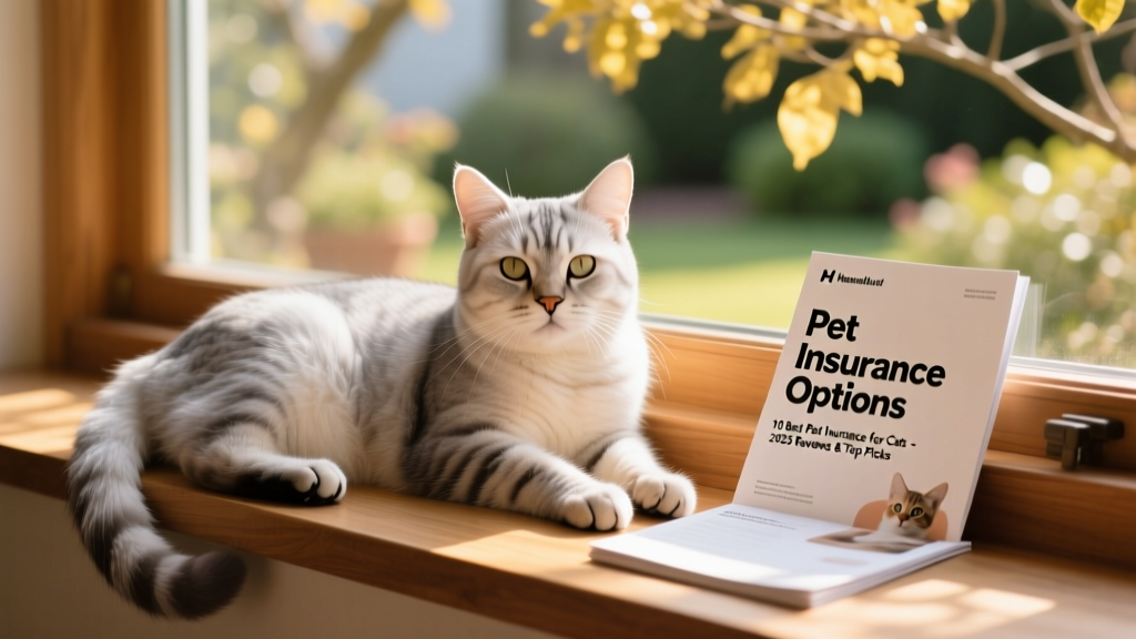 A relaxed senior cat resting on a sunlit windowsill next to a folded brochure labeled 'Pet Insurance Options'