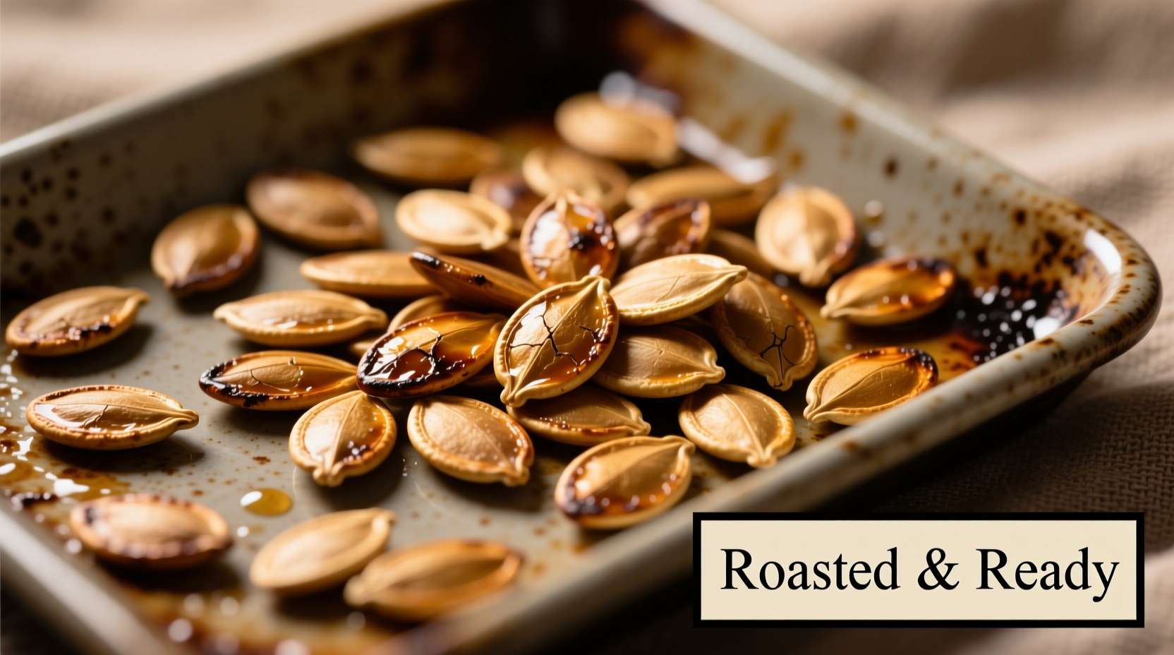 Golden brown pumpkin seeds on baking sheet