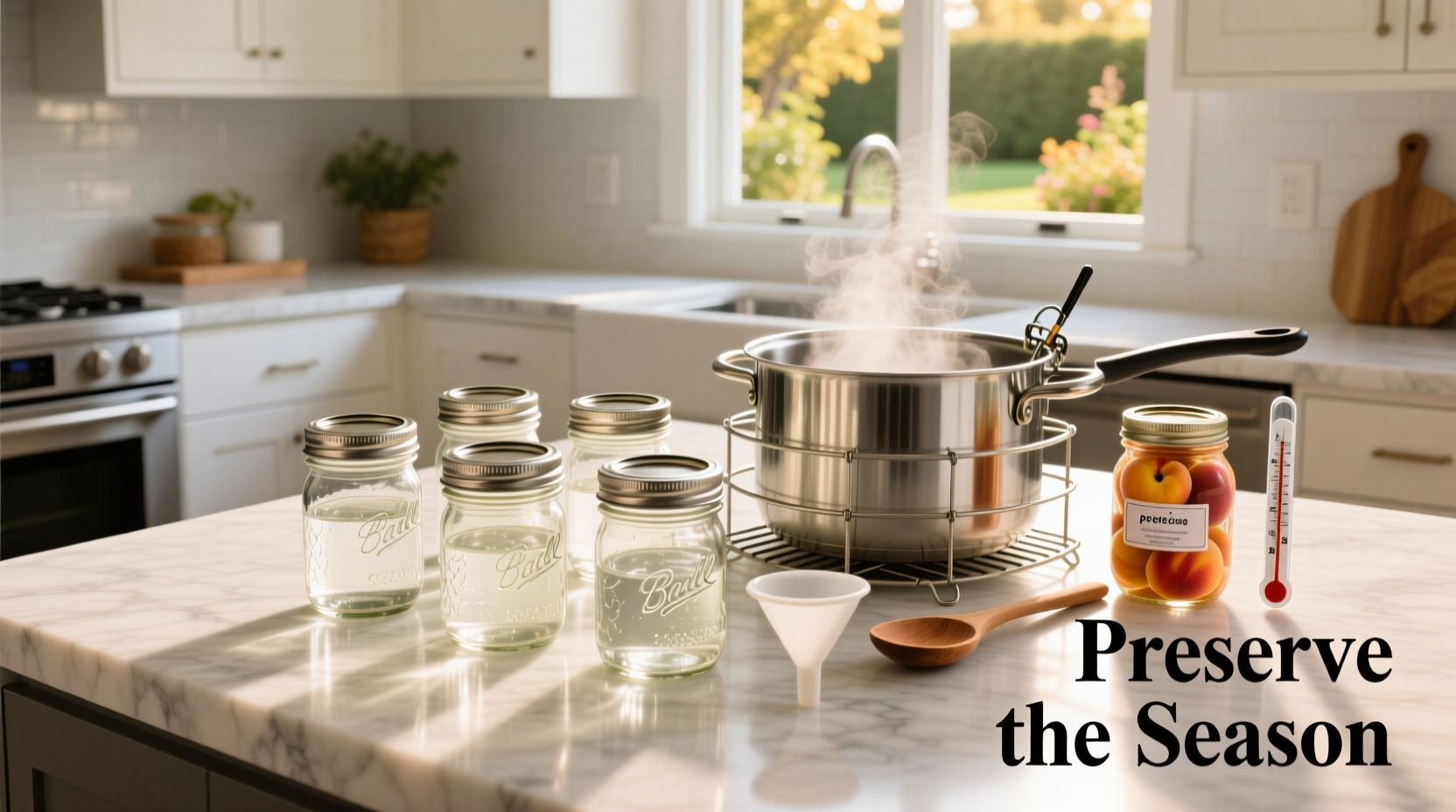 Professional home canning setup with sterilized jars
