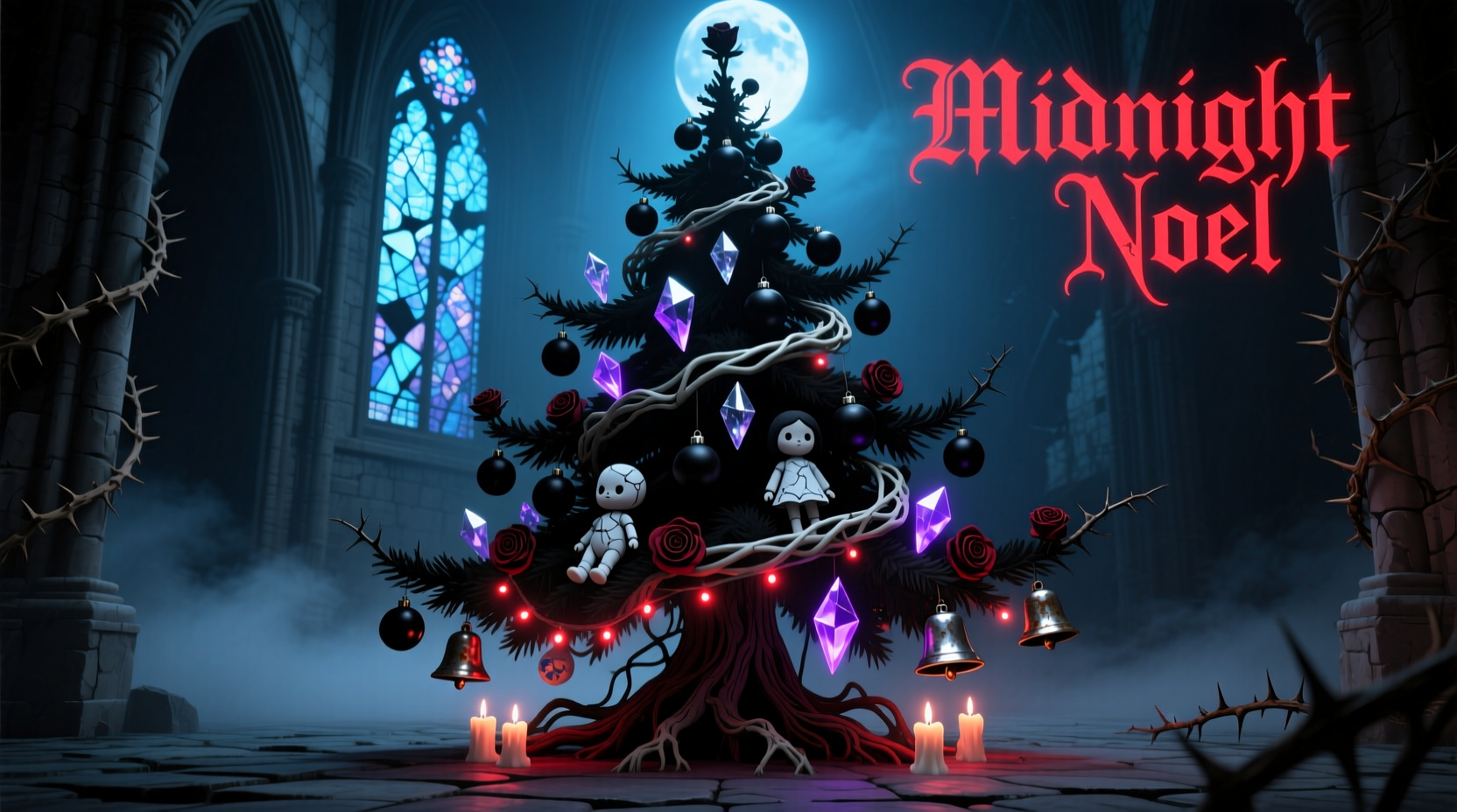 how to design a goth christmas tree with dark themes and moody lights
